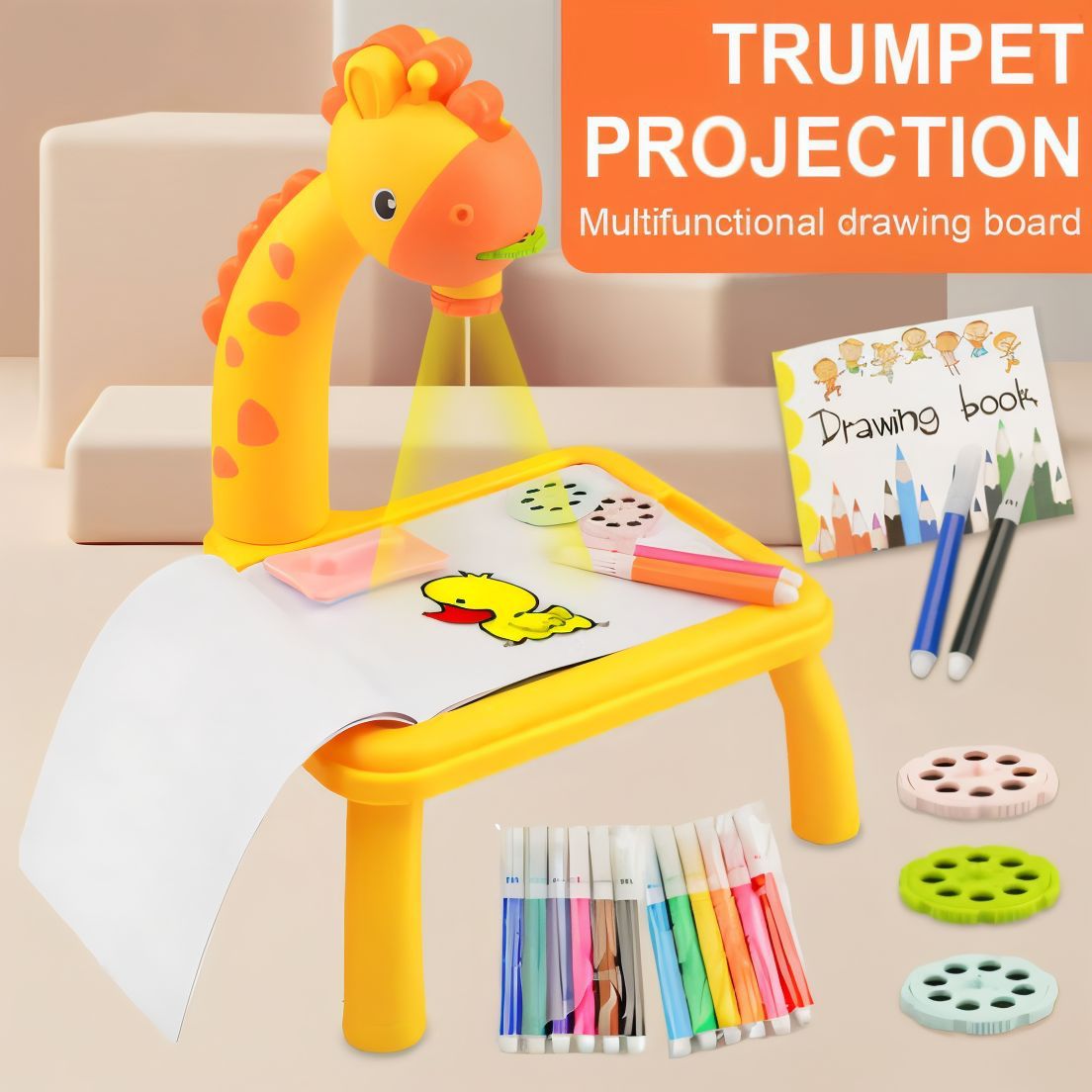Giraffe Small Size Art Drawing Board Leds Projector Light Toy Children Kids Painting Table Small Desk (With Box Packing)(Random Color)